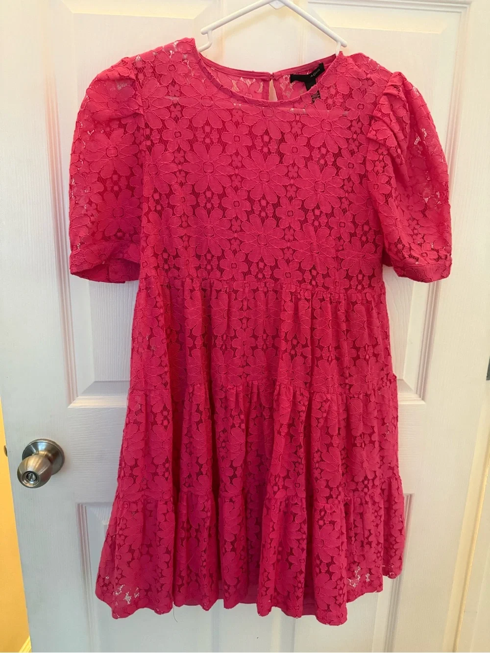 Aqua Bright Pink Lace Puff-Sleeve Babydoll Dress
